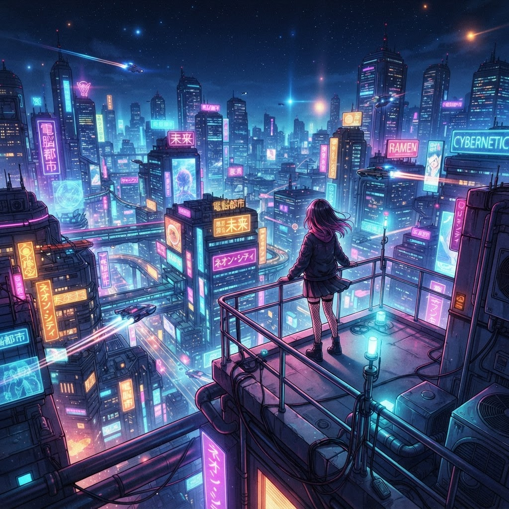Rooftop view of a neon anime city