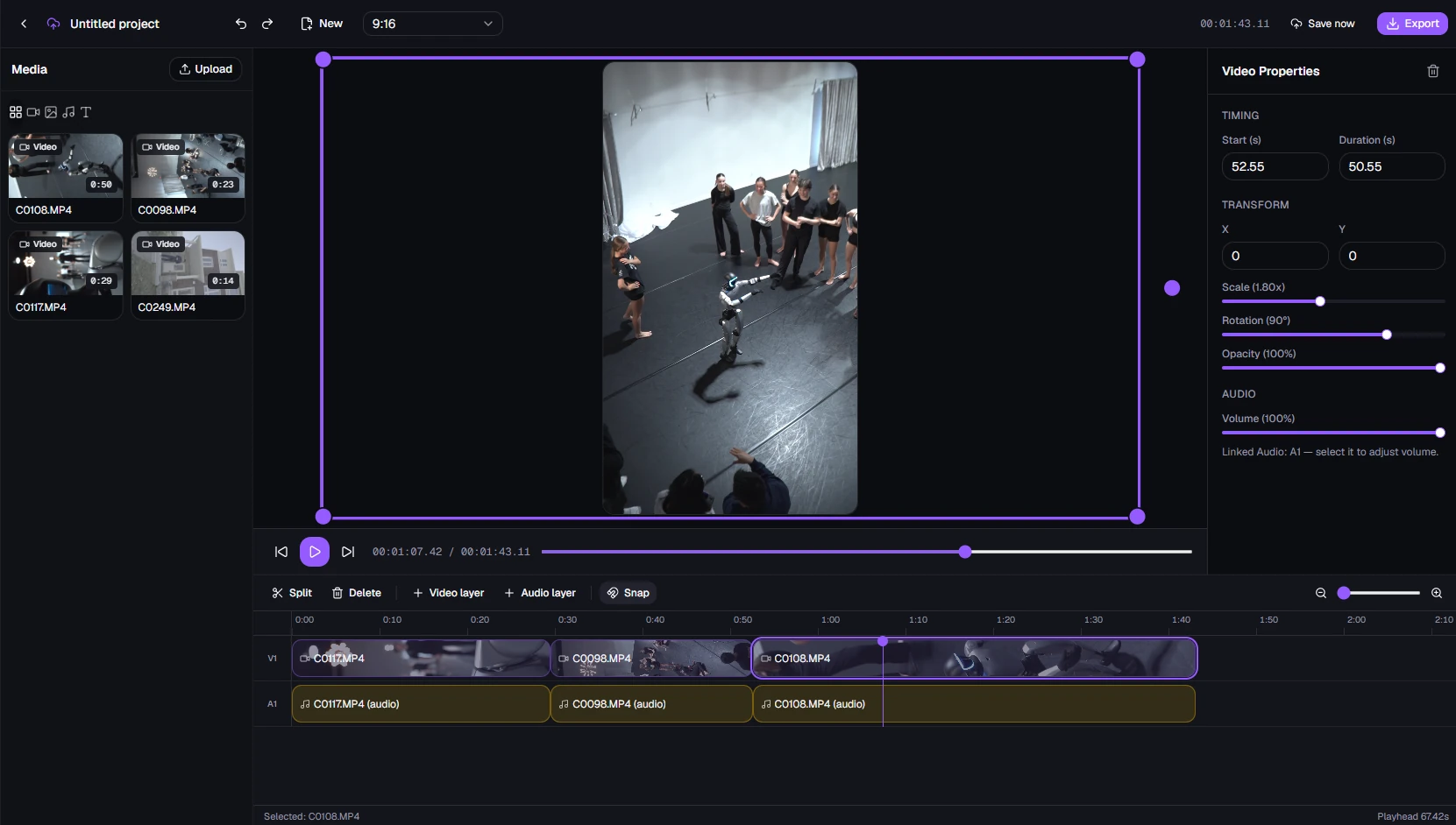 The S6 Video Studio timeline editor, showing the media panel, preview canvas, video properties panel, and multi-track timeline with an Export button